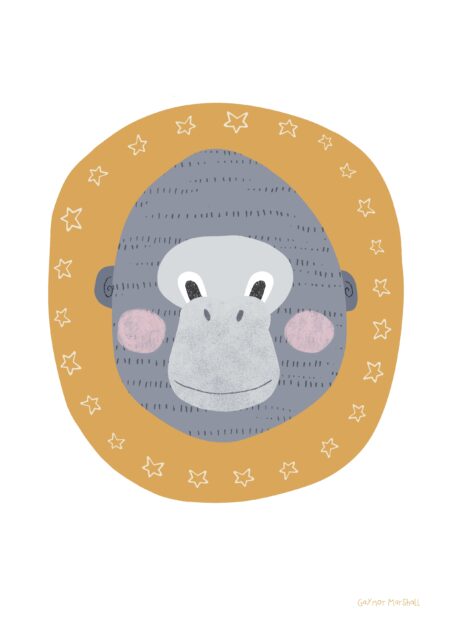 illustrated western lowland gorilla on a mustard background with a ring of hand drawn stars